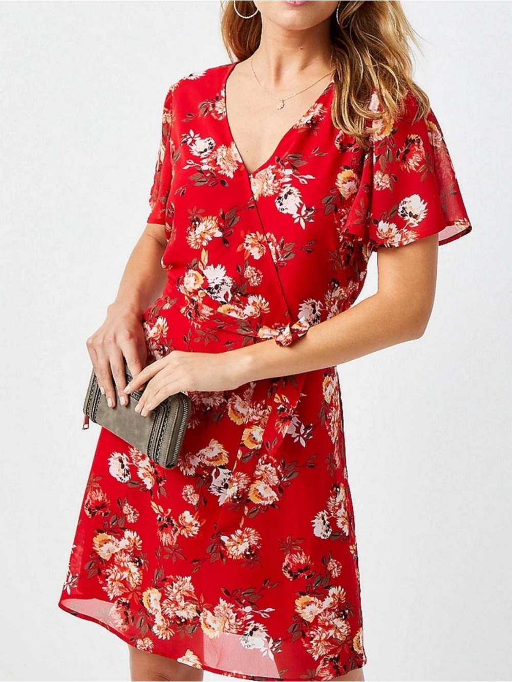 Maurices Red Floral Wrap Mini Dress